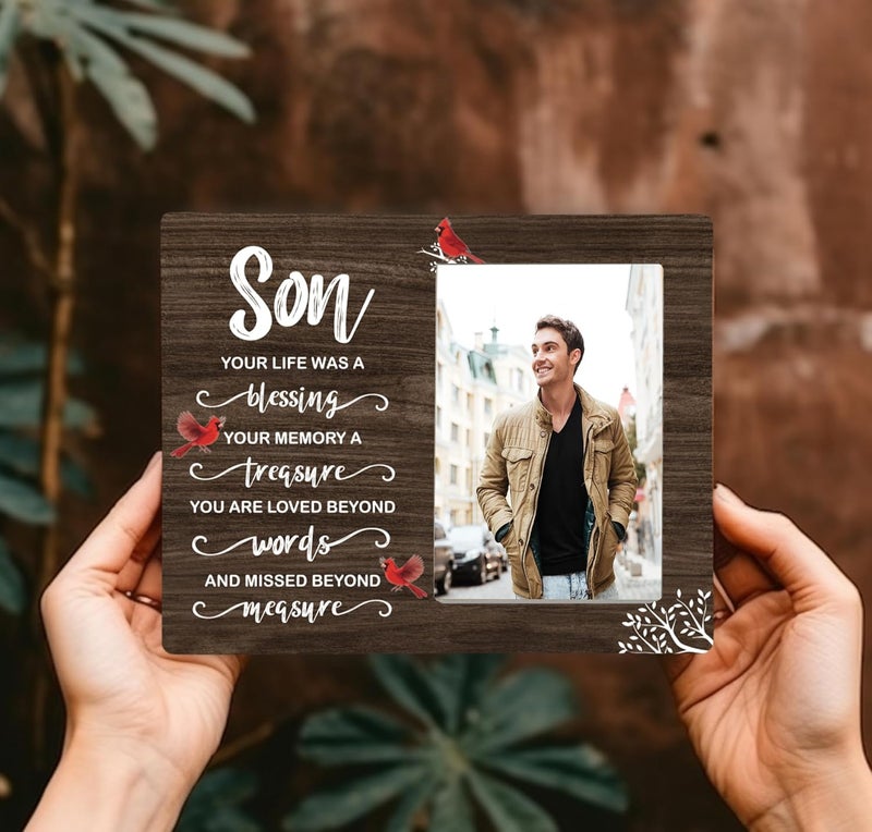 CAIFZ Son Memorial Wooden Picture Frame, In Loving Memory Remembrance Photo Frame Gifts for Son, Bereavement Sympathy Wooden Frame for Loss of Son, 4x6 inch Photo - Image 2
